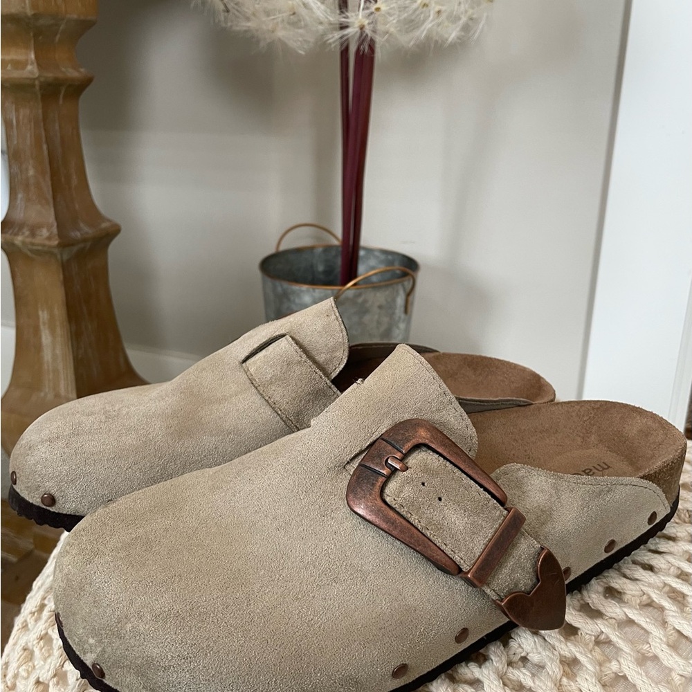 Madden Girl Tan Suede Slip-On Clogs with Decorative Buckle